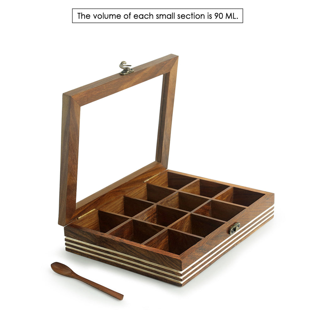 Hand Engraved Rectangular Spice Box With Spoon In Sheesham Wood (12 Partitions, 90 ML)