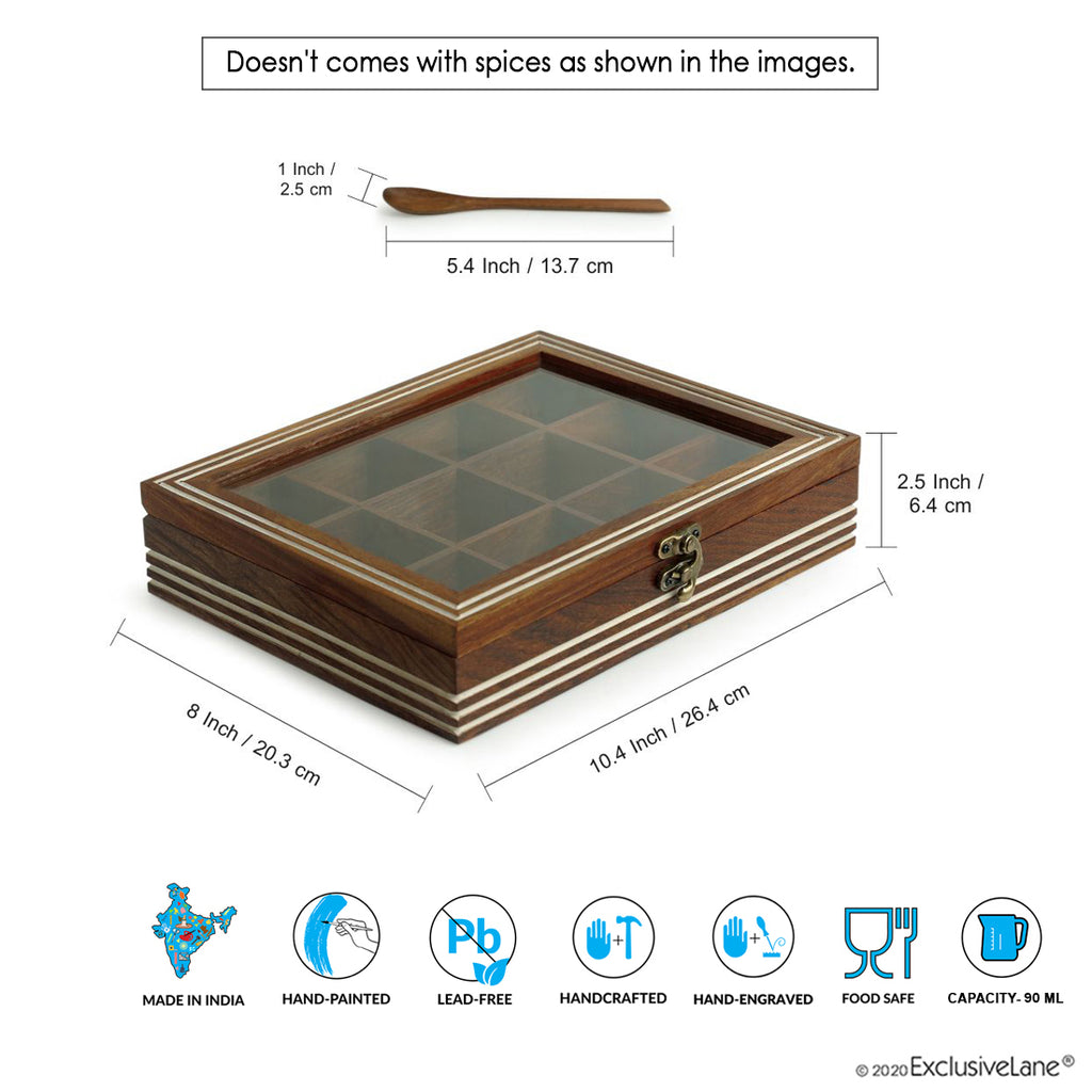Hand Engraved Rectangular Spice Box With Spoon In Sheesham Wood (12 Partitions, 90 ML)