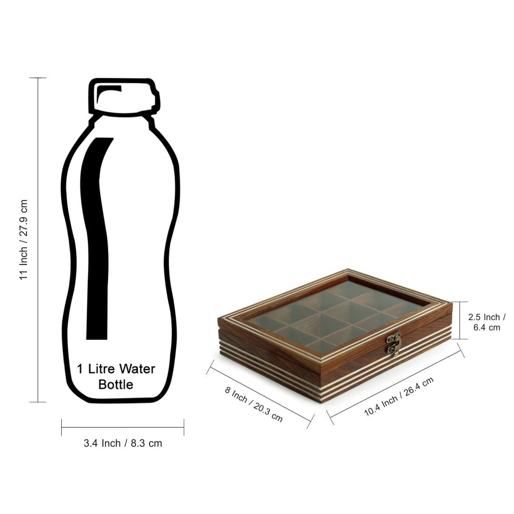 Hand Engraved Rectangular Spice Box With Spoon In Sheesham Wood (12 Partitions, 90 ML)