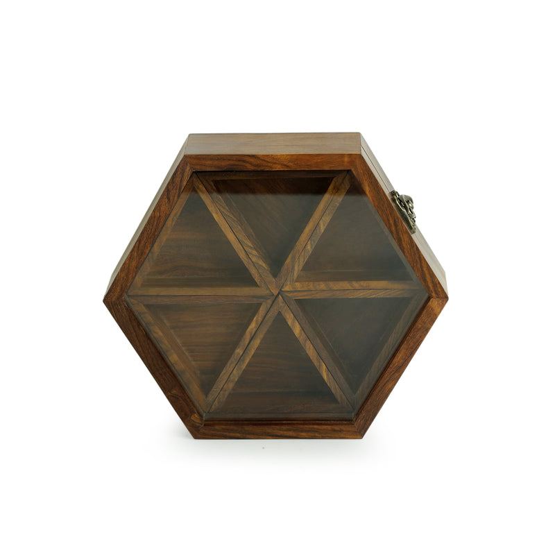 Handcrafted Hexagonal Spice Box With Spoon In Sheesham Wood (6 Containers | 45 ML)