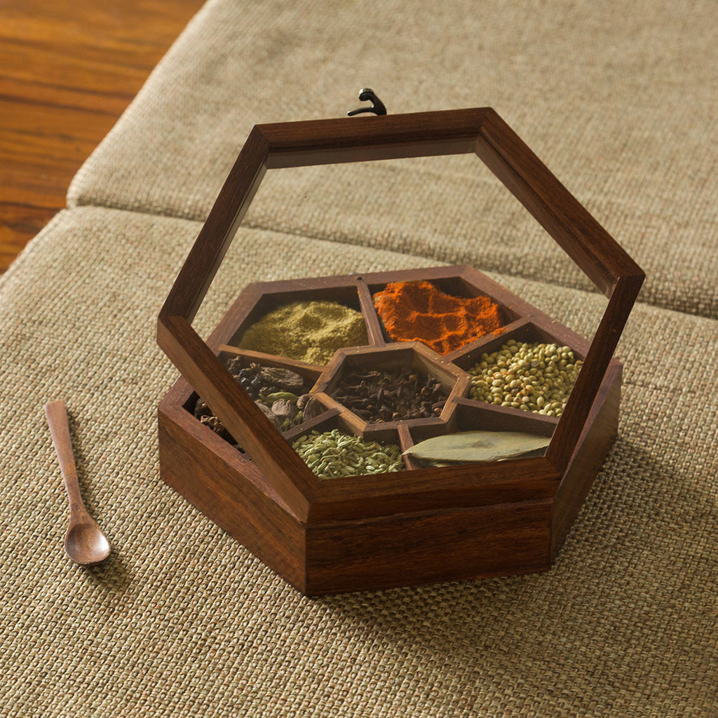 Handcrafted Hexagonal Spice Box With Spoon In Sheesham Wood (7 Partitions, 100 ML)