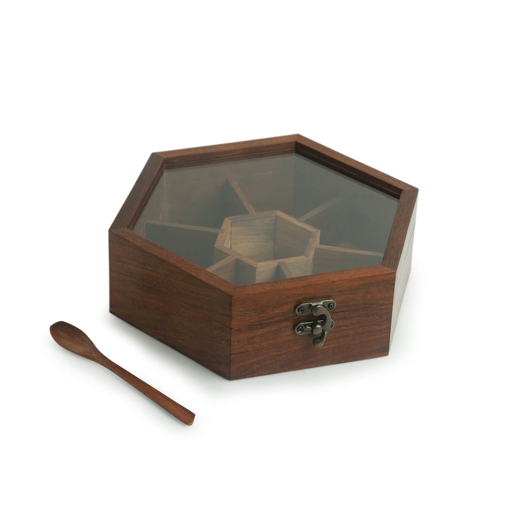 Handcrafted Hexagonal Spice Box With Spoon In Sheesham Wood (7 Partitions, 100 ML)