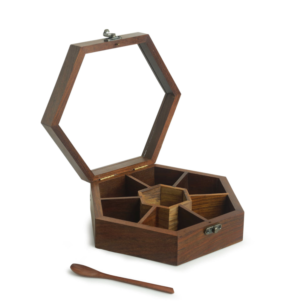 Handcrafted Hexagonal Spice Box With Spoon In Sheesham Wood (7 Partitions, 100 ML)