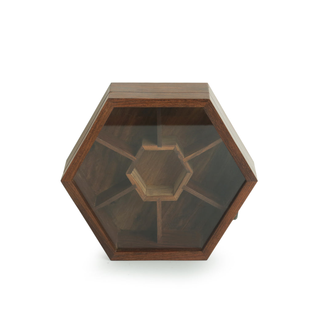 Handcrafted Hexagonal Spice Box With Spoon In Sheesham Wood (7 Partitions, 100 ML)