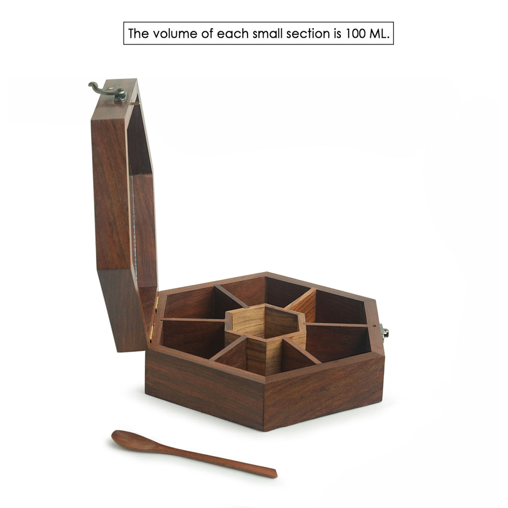 Handcrafted Hexagonal Spice Box With Spoon In Sheesham Wood (7 Partitions, 100 ML)