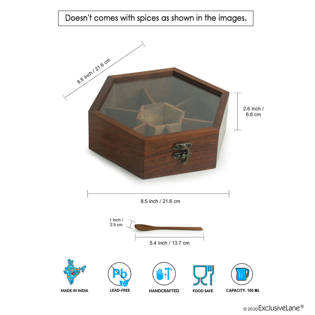 Handcrafted Hexagonal Spice Box With Spoon In Sheesham Wood (7 Partitions, 100 ML)