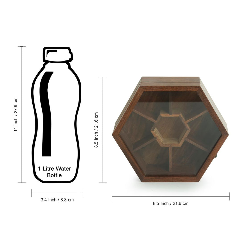 Handcrafted Hexagonal Spice Box With Spoon In Sheesham Wood (7 Partitions, 100 ML)