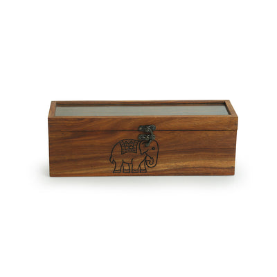 'The Elephant Warriors' Hand Carved Multi-Utility Tea Box In Sheesham Wood (4 Compartments)