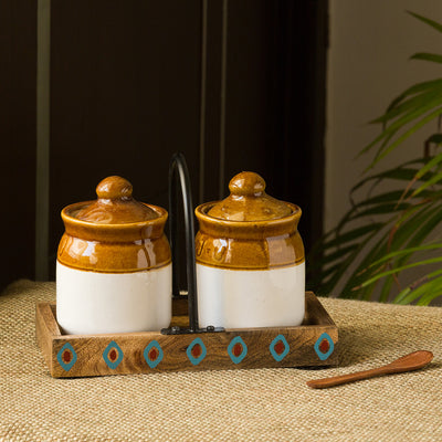 Old Fashioned Martaban' Ceramic Chutney & Pickle Jar Set With Tray (Set of 2 | 225 ML)