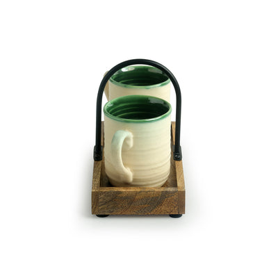 Jade Translucence' Hand Glazed Studio Pottery Coffee & Tea Cups with Tray (Set of 2 | 190 ML)