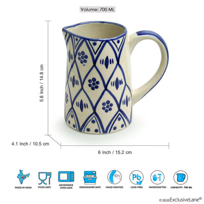 Moroccan Floral' Hand-painted Studio Pottery Milk & Water Jugs In Ceramic (Set of 2 | 700 ML | Microwave Safe)