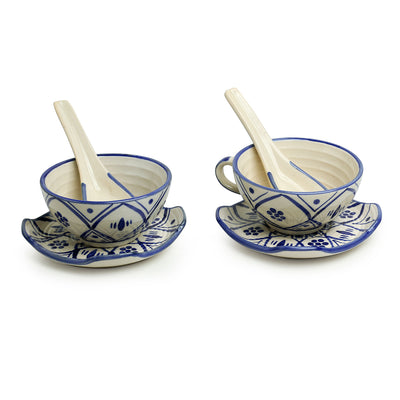 Moroccan Floral' Hand-painted Studio Pottery Soup Bowls With Saucers & Spoons In Ceramic (Set of 2 | Microwave Safe)
