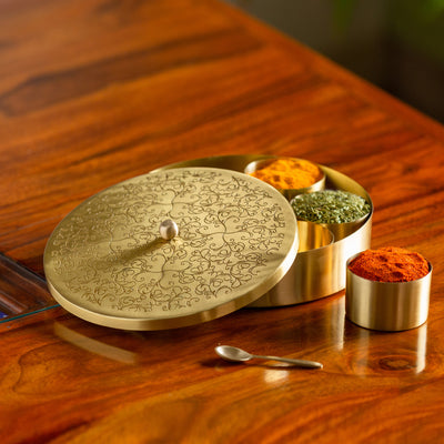 Floral-Etched' Handcrafted Spice Box In Brass With Spoon (7 Containers | 40 ML)