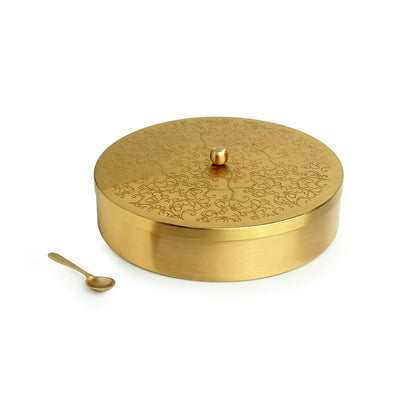 Floral-Etched' Handcrafted Spice Box In Brass With Spoon (7 Containers | 40 ML)