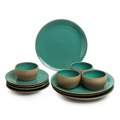 Earthen Turquoise' Hand Glazed Dinner Plates With Side/Quarter Plates & Katoris In Ceramic (12 Pieces | Serving for 4 | Microwave Safe)