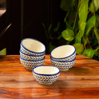 Indigo Chevron' Hand-painted Ceramic Dining Bowl Katoris (Set of 6 | 160 ML | Microwave Safe)