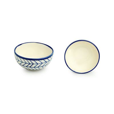 Indigo Chevron' Hand-painted Ceramic Dining Bowl Katoris (Set of 6 | 160 ML | Microwave Safe)