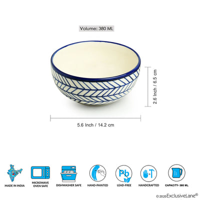 Indigo Chevron' Hand-painted Ceramic Serving Bowls (Set of 2 | 380 ML | Microwave Safe)