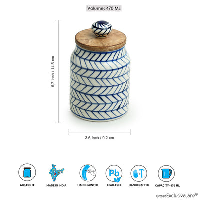 Indigo Chevron' Hand-painted Ceramic Multi-utility Storage Jar & Container (Airtight | 470 ML | Microwave Safe)