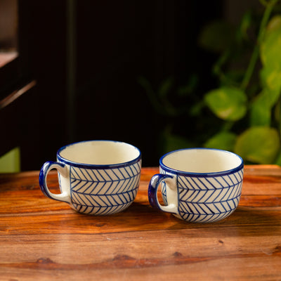 Indigo Chevron' Hand-painted Ceramic Coffee & Milk Mugs (Set of 2 | 320 ML | Microwave Safe)
