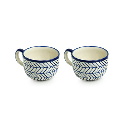 Indigo Chevron' Hand-painted Ceramic Coffee & Milk Mugs (Set of 2 | 320 ML | Microwave Safe)
