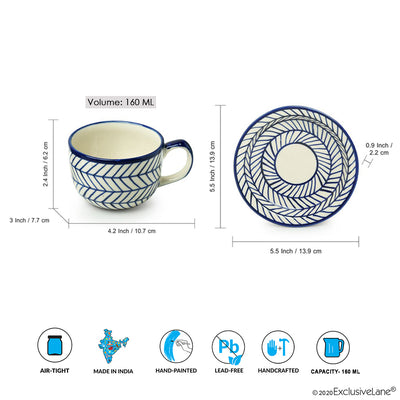Indigo Chevron' Hand-painted Ceramic Tea Cups With Saucers (Set of 6 | 160 ML | Microwave Safe)