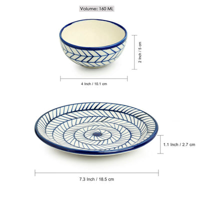 Indigo Chevron' Hand-painted Ceramic Dinner Plates With Side/Quarter Plates & Katoris (12 Pieces | Serving for 4 | Microwave Safe)