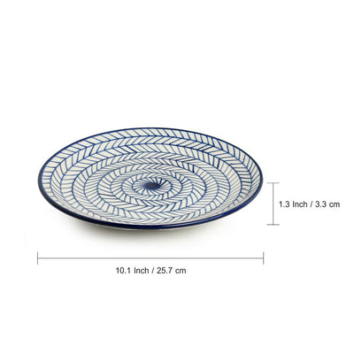 Indigo Chevron' Hand-painted Ceramic Dinner Plates With Serving Bowls & Katoris (10 Pieces | Serving for 4 | Microwave Safe)