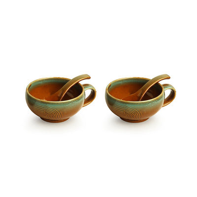 Peacock Boulevard' Hand-Engraved Ceramic Soup Bowls With Spoons (Set of 2 | 320 ML | Microwave Safe)