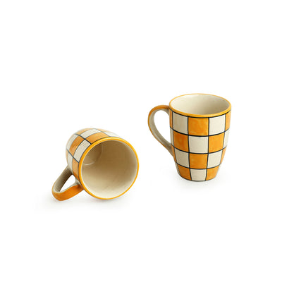 Shatranj Checkered' Hand-painted Coffee & Tea Mugs in Ceramic (Set of 2 | 260 ML | Microwave Safe)