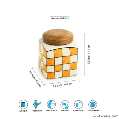 Shatranj Checkered' Hand-painted Multi-Purpose Storage Jar & Container in Ceramic (Airtight | 480 ML | 4.3 Inch)