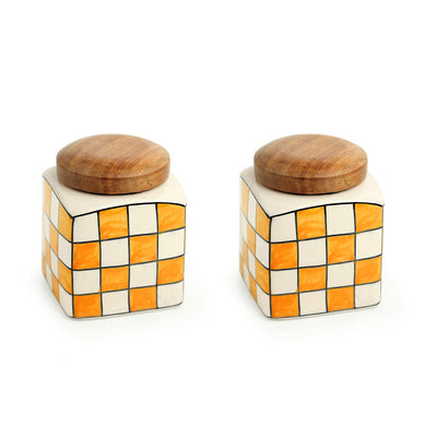 Shatranj Checkered' Hand-painted Multi-Purpose Jars & Containers in Ceramic (Airtight | Set of 2 | 480 ML | 4.3 Inch)