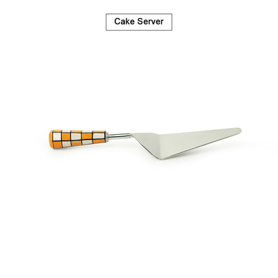'Shatranj Checkered' Hand-Painted Cake Server & Bread Knife In Stainless Steel & Ceramic (Set of 2)