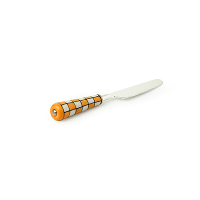 'Shatranj Checkered' Hand-Painted Table Knives In Stainless Steel & Ceramic (Set of 6)