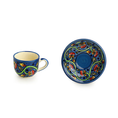 Mughal Gardens-2' Hand-painted Ceramic Coffee & Tea Cups With Saucers (Set of 6 | 140 ML | Microwave Safe)