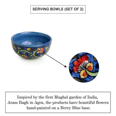 Mughal Gardens-2' Hand-painted Ceramic Serving Bowls (Set of 2 | 450 ML | Microwave Safe)