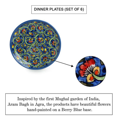 Mughal Gardens-2' Hand-painted Ceramic Dinner Plates (Set of 6 | Microwave Safe)