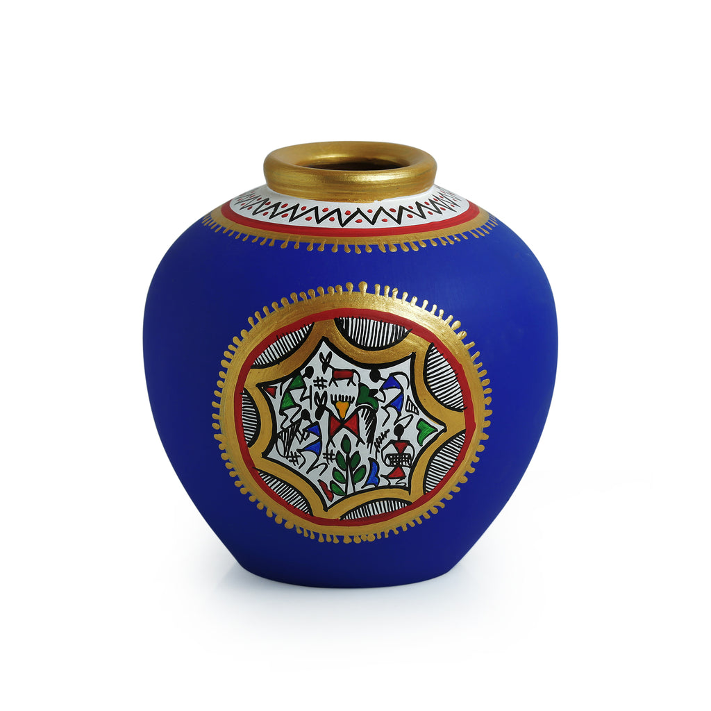 15.2 cm Terracotta Handpainted Warli Matki Shaped Vase In Blue
