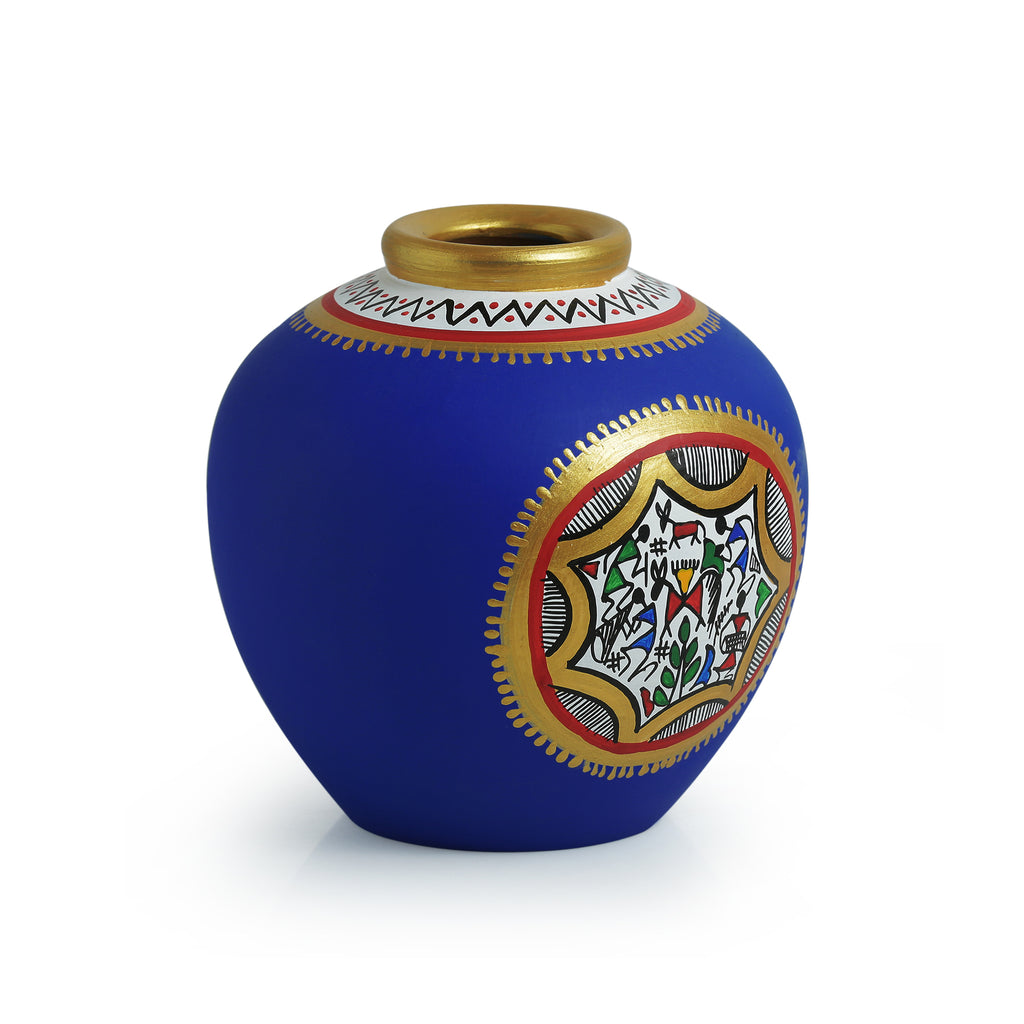 15.2 cm Terracotta Handpainted Warli Matki Shaped Vase In Blue