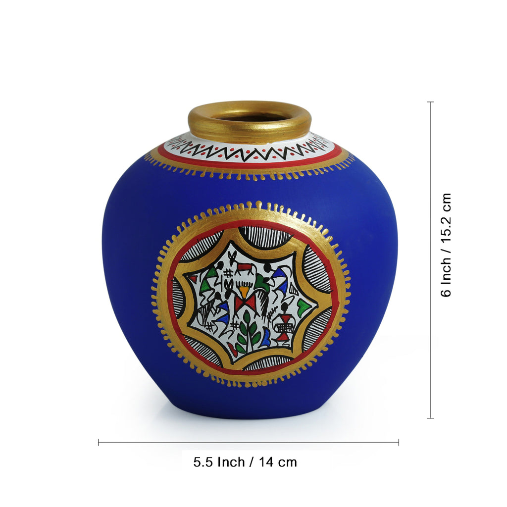 15.2 cm Terracotta Handpainted Warli Matki Shaped Vase In Blue