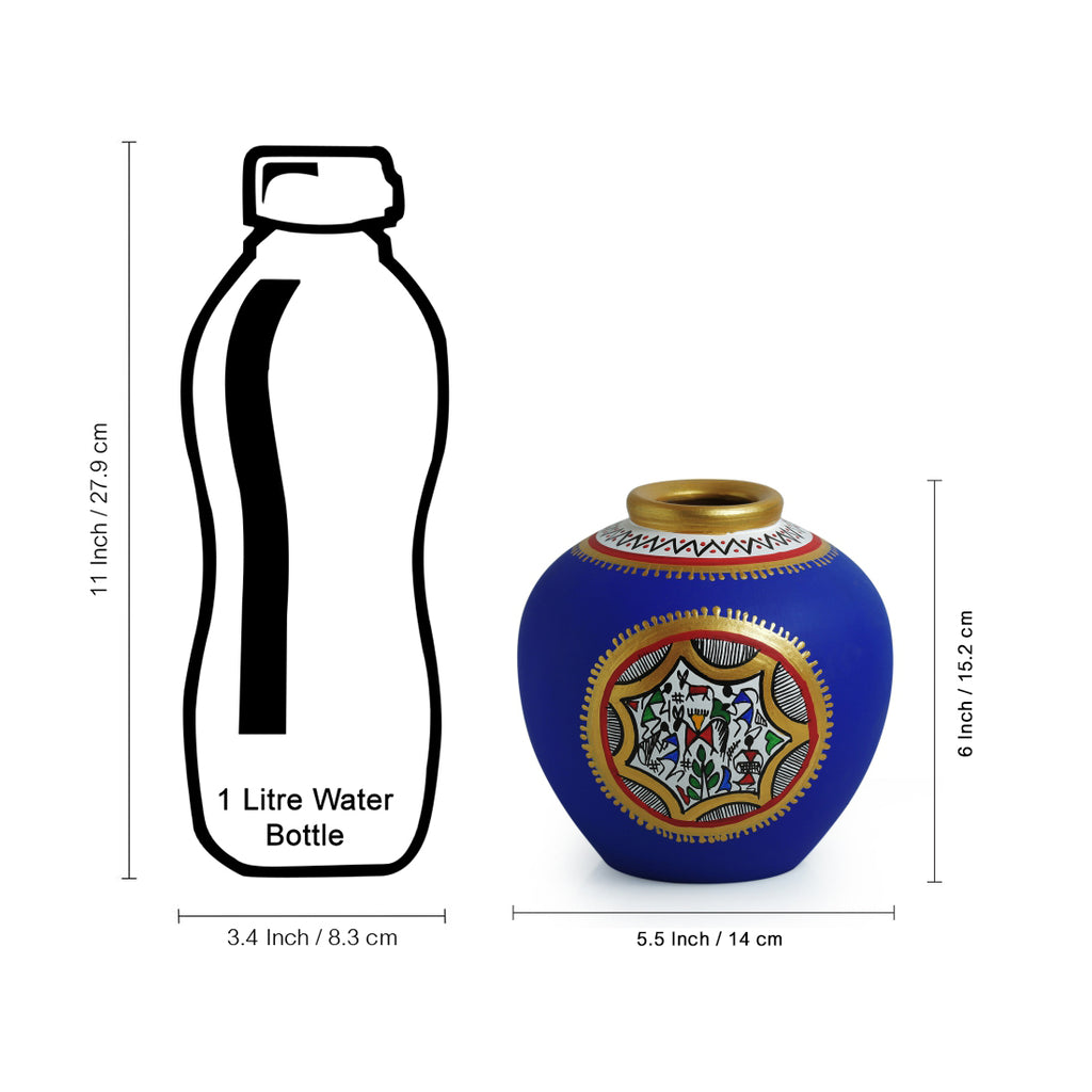 15.2 cm Terracotta Handpainted Warli Matki Shaped Vase In Blue
