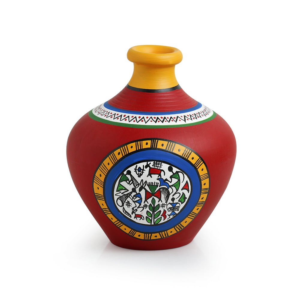 15.2 cm Terracotta Handpainted Warli Matki Shaped Vase In Red
