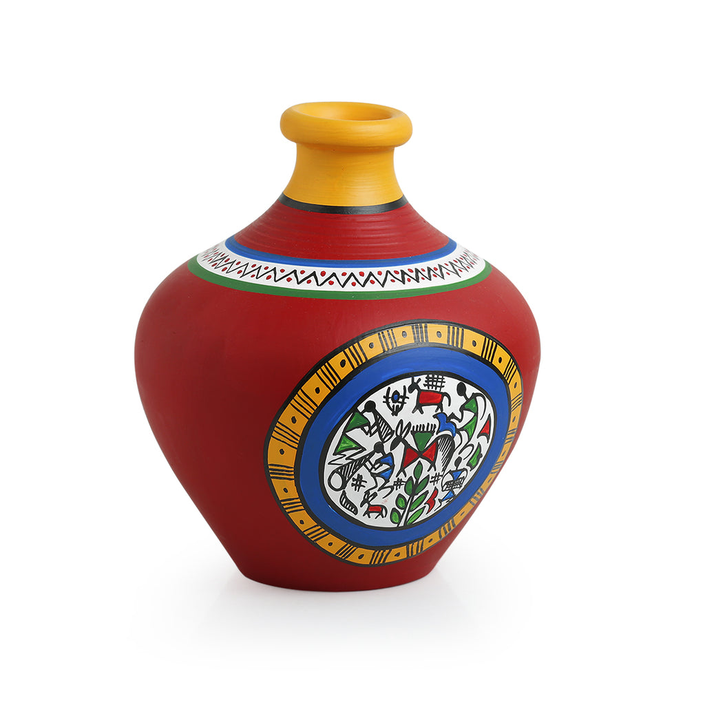 15.2 cm Terracotta Handpainted Warli Matki Shaped Vase In Red