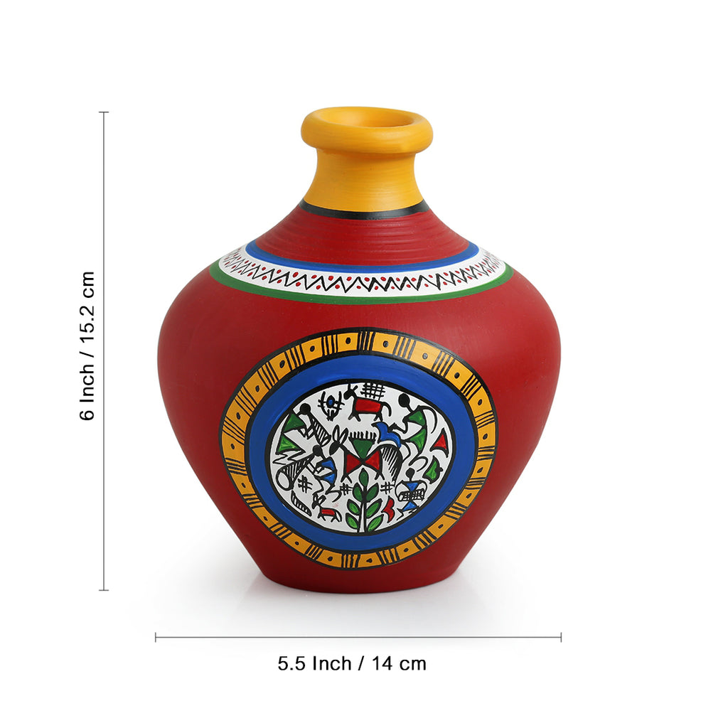 15.2 cm Terracotta Handpainted Warli Matki Shaped Vase In Red