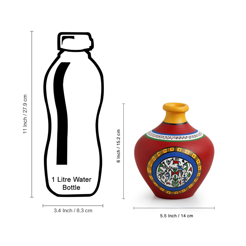 15.2 cm Terracotta Handpainted Warli Matki Shaped Vase In Red