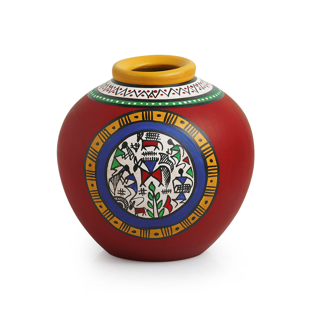 15.2 cm Terracotta Handpainted Warli Matki Shaped Vase In Red
