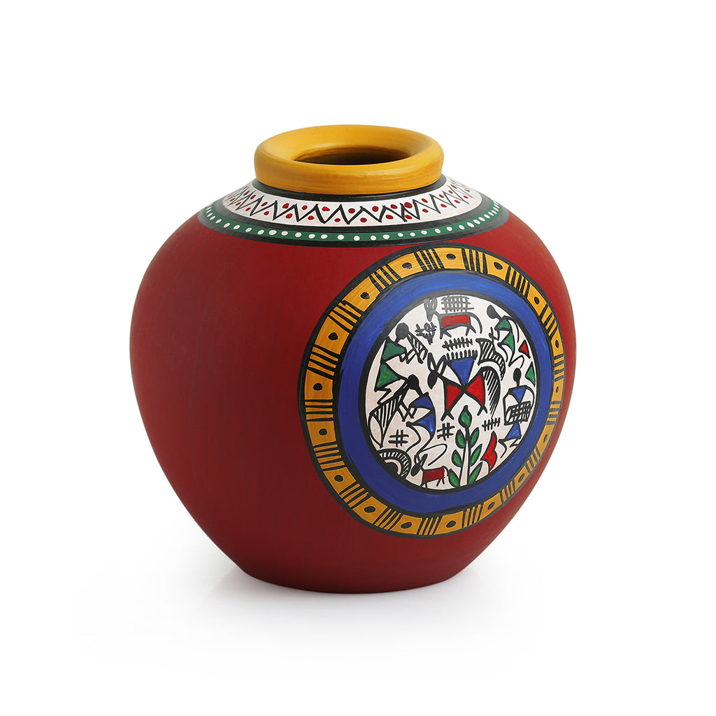 15.2 cm Terracotta Handpainted Warli Matki Shaped Vase In Red