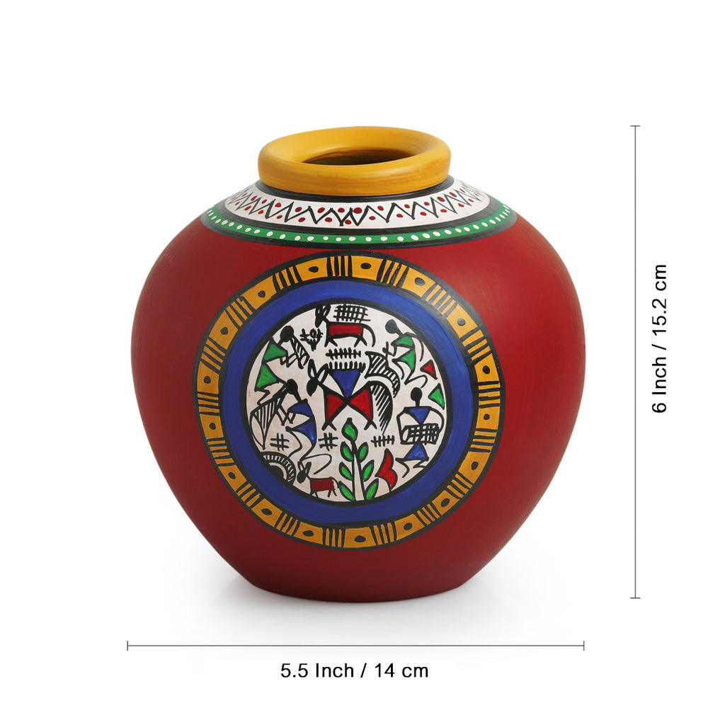 15.2 cm Terracotta Handpainted Warli Matki Shaped Vase In Red