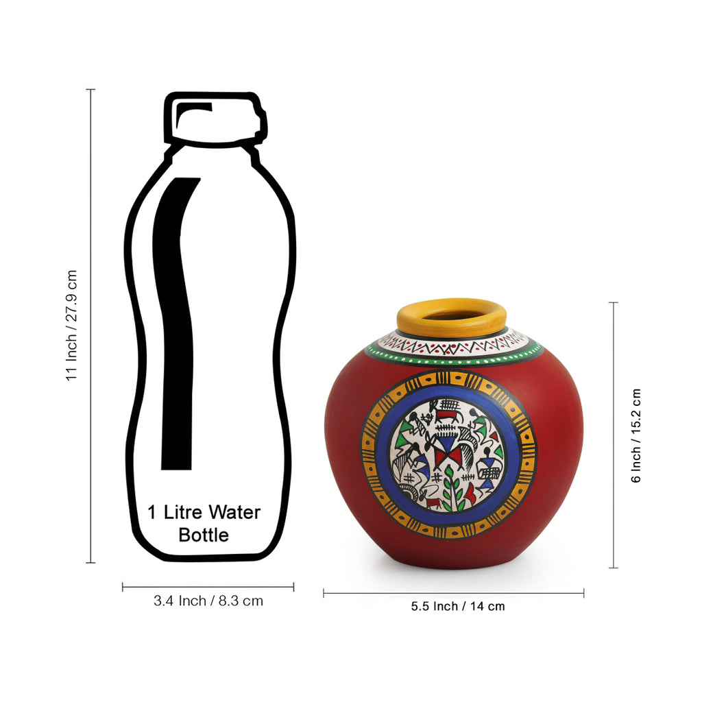 15.2 cm Terracotta Handpainted Warli Matki Shaped Vase In Red