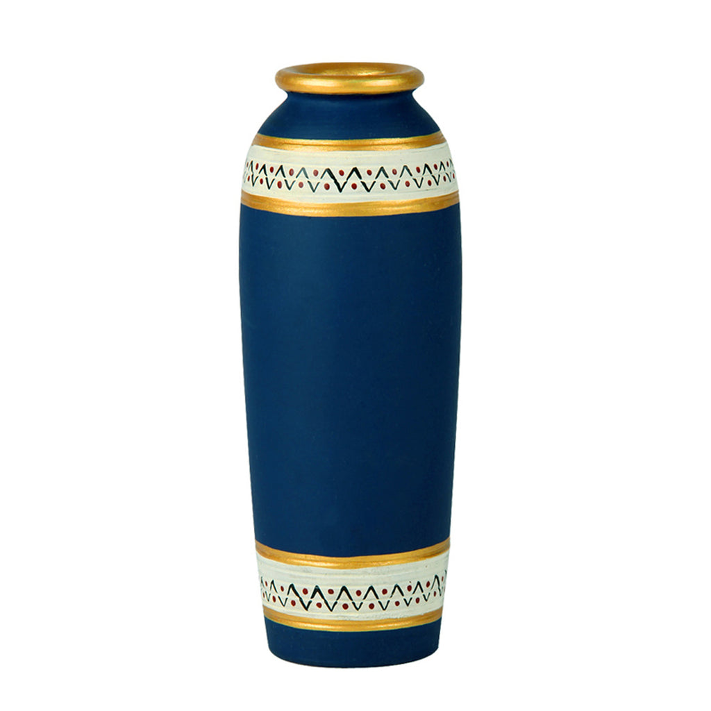 15.2 cm Terracotta Handpainted Warli Tapered Shape Vase In Blue